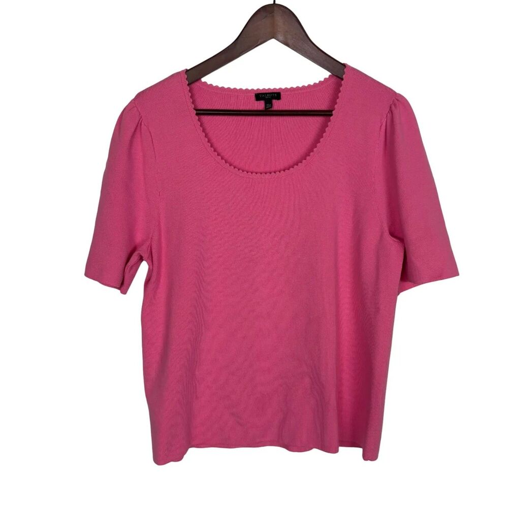 Talbots Pink Scalloped Scoop Neck Knit Short Sleeve Blouse Top Womens XL Petite